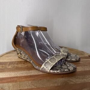 Tory Burch Snakeskin Savannah Wedge Sandal Ankle Strap Sz. 9 Gold Logo Hardware
